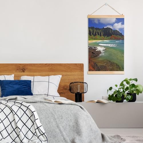 Peinture murale hawaïenne en bord de mer de Kauai sur toile de 91x61 cm avec cadres en bois