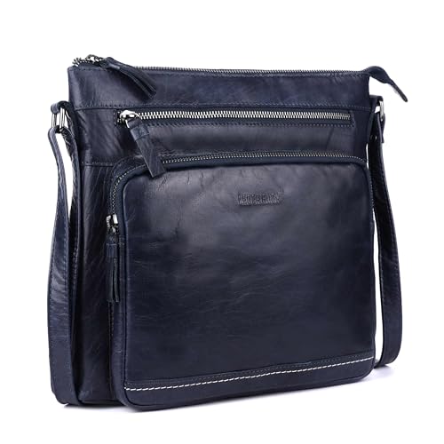 LEDERBUCK Olga Women's Extra-Large Genuine Leather Crossbody Purse – Soft Triple-Zip Shoulder Bag (Navy)