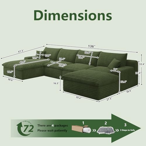 Image of 136 inch Cloud Couch Modular Sectional Sofa for Living Room, U-Shape Boneless Couch with Deep Seat, Modern Corduroy 4-Seater with Ottoman, No Assembly Required (Green,Left-Facing Chaise)
