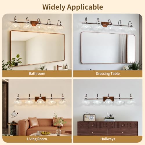 Image of 5-Light Antique Red Bronze Finish Bathroom Vanity Light, Vintage Vanity Light with Floral Clear Glass Shades, Retro Wall Mount Lighting for Bathroom, Dressing Table