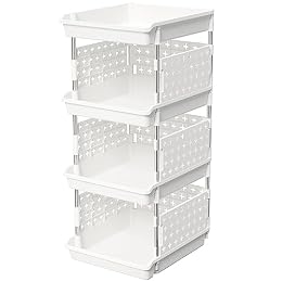 Lifewit Plastic Stackable Storage Baskets, 4 Tier Stacking Bins for Food and Clothes, Multifunctional Organizer for RV, Kitchen, Playroom, Pantry and Bathroom, 13.8"D x 11.8"W x 28.3"H, 1 Pack, White