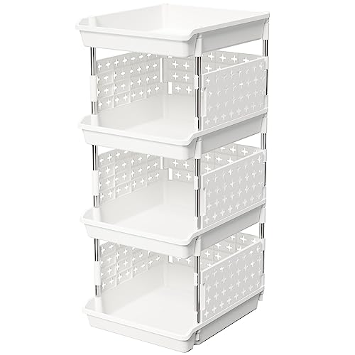 Lifewit Plastic Stackable Storage Baskets, 4 Tier Stacking Bins for Food and Clothes, Multifunctional Organizer for RV, Kitchen, Playroom, Pantry and Bathroom, 13.8"D x 11.8"W x 28.3"H, 1 Pack, White by Lifewit - Used condition - US$23.09