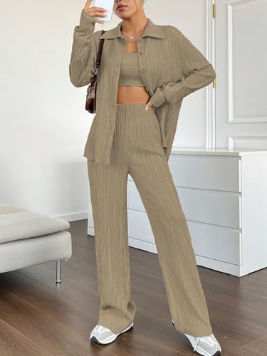 Image of Shasmi Women's 3-Piece Co-ord Set - Solid Button Front Shirt, Strapless Tube Top & Wide Leg Pants | Casual Loose Fit Western Outfit for Daily Spring /Fall Wear (Co-Ord-208)