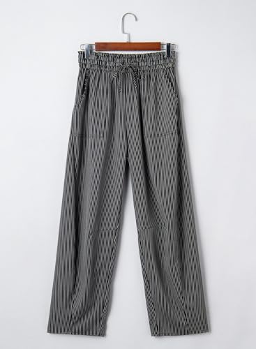 Dokotoo Women's Striped Barrel Casual Pants Elastic Waist Casual 2026 Spring Cotton Blend Trousers Lightweight Boho Vacation Outfits Beach Pants for Women Beach Vacation Clothing,Black Stripe Medium