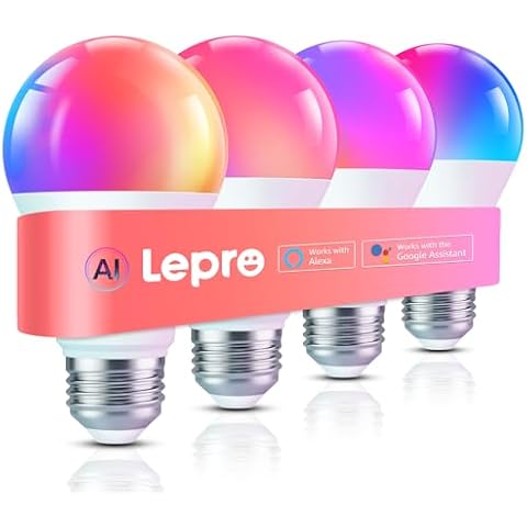 Lepro B1 AI Smart Light Bulbs - WiFi & Bluetooth RGBWW Color Changing LED Bulb Compatible with Alexa & Google Assistant, AI Generated Lighting, AI Voice Control, Music Sync, 2.4GHz Only, 4 Packs Cover