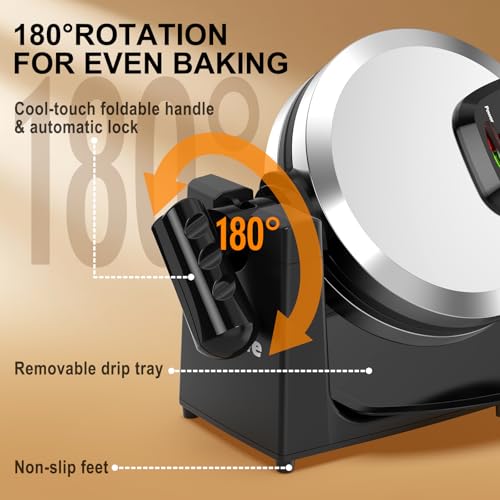 Waffle Maker, Rotating Belgian Waffle Maker, 180° Flip Waffle Iron, Non-Stick Plate, Adjustable Browning Control, Foldable Cool Touch Handle, Removable Drip Tray, Space Saving Storage, Stainless Steel