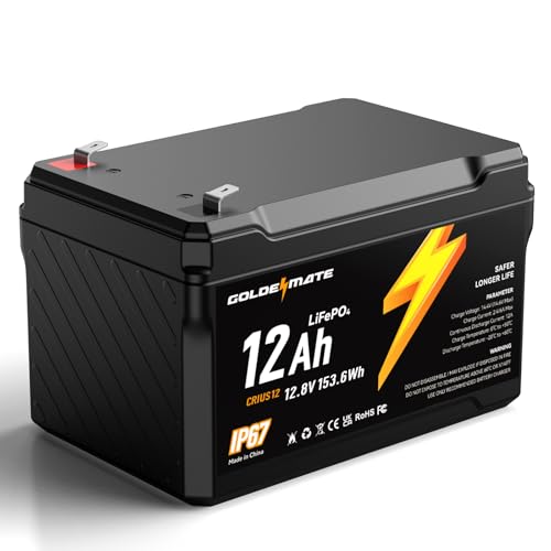 GOLDENMATE 12V 12Ah LiFePO4 Rechargeable Battery 5000+ Cycles IP67 Sealed Lithium Iron Phosphate Battery with Smart BMS for Solar Systems Marine Power Wheels Fish Finders Camping & Ride-On Toys