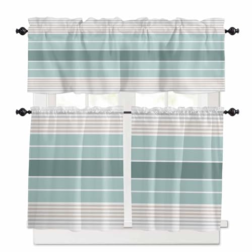Teal Aqua Stripes Kitchen Curtains 36 Inch Length, 3 Piece Rod Pocket Small Half Tiers and Valance Set, Modern Ombre Abstract Aesthetics Small Large Window Treatment Decor for Bedroom/Bathroom Sink