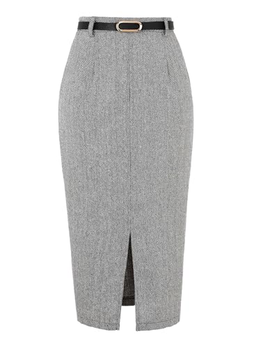 Image of Allegra K Midi Pencil Skirt for Women Fall Winter High Waisted Slit Office Work Skirts with Belt Small Black White