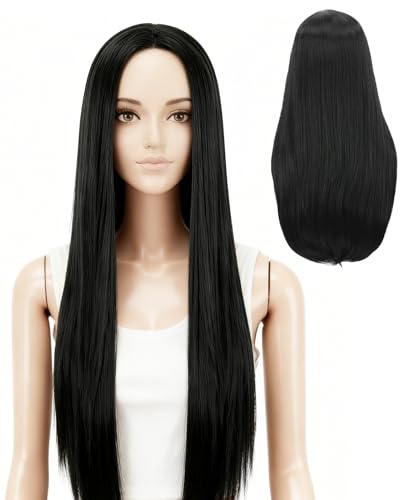 Benaewa Long Black Wig Straight Long Wig for Cosplay Party