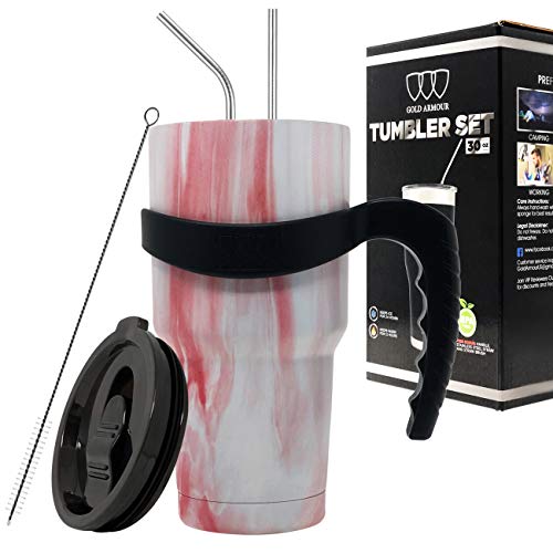 Gold Armour 30 oz Tumbler - 6 Piece Stainless Steel Insulated Water & Coffee Cup Tumbler with 2 Straws, 1 Lid, 1 Handle - 18/8 Double Vacuum Insulated Flask Water Bottle (Pattern: Primrose Marble)