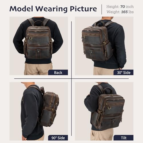 Leather Backpack for Men 15.6" Laptop Backpack 100% Madagascar top-Grain Leather Backpack Dark Brown Large Size - Image 3
