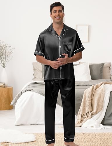 MORFORU Mens Satin Pajamas Set 2 Pcs Short Sleeve Button Down Silky Pajamas for Men Pjs Set Sleepwear with Sleep Mask2