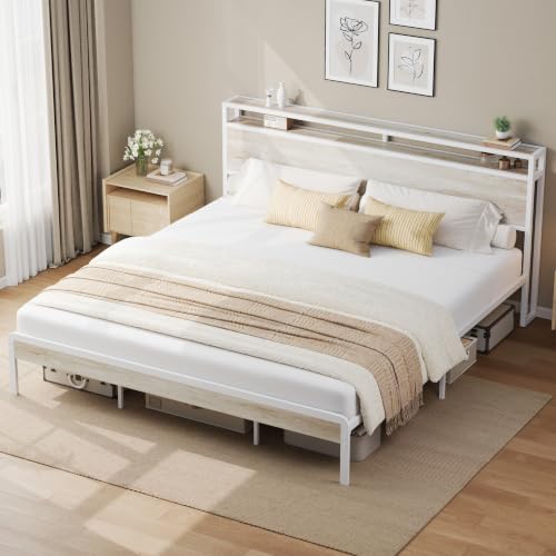 Image of LIKIMIO California King Bed Frames with 2-Tier Storage Shelf Headboard
