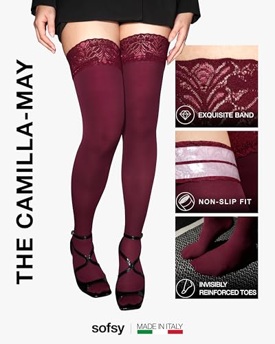 Image of sofsy 100% OEKO-TEX Certified - Italian Women's Opaque Thigh High Stockings | Ultra Soft Dual Silicone Lace Top Stay Ups