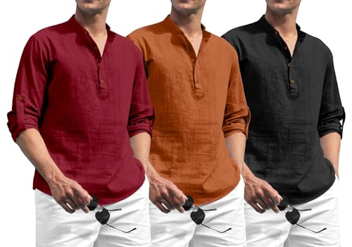 Image of Zombom Combo of Men's Solid Cotton Polyester Blend Full Sleeve Mandarin /Chinese Collor Straight Kurta Shirt (Pack of 3)