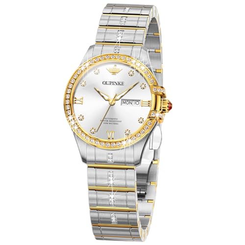 Image of OUPINKE Automatic Watches for Women Diamond Luxury Dress Self Winding Stainless Steel Sapphire Crystal Ceramic Ladies Watches, L3195:Two tone strap&white dial
