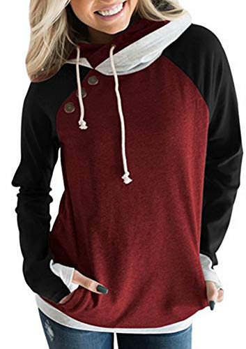 Hiistandd Damen Kapuzenpullover Hoodie Langarm Sweatshirt Kontrastfarbe Warm Pulli, Rot, L Cover