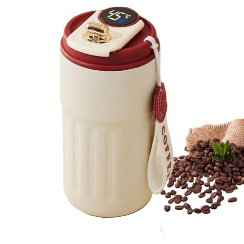 Unicblend Termo Cafe, Acero Inoxidable con Pantalla Inteligente Indicador de Temperatura, 460ML, Doble Sistema Antifugas, Taza Termo Para Llevar Café o Infusiones (CREAM&RED)
