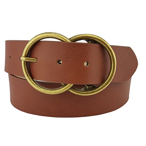 Vegan Leathrette Jean Belt with Double Round Buckle in Tan L/XL