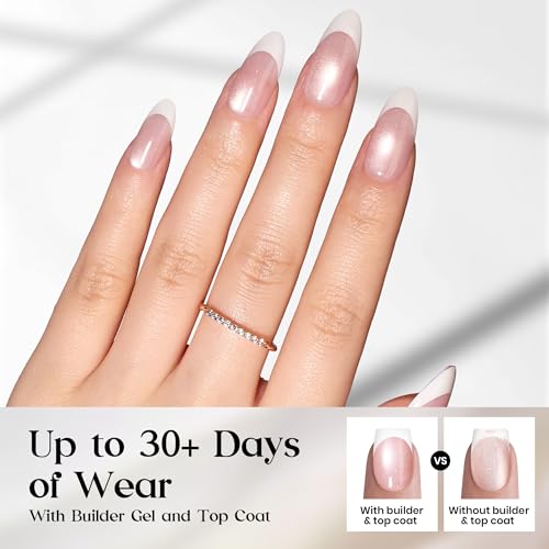 Image of Beetles French Tip Press On Nails 160Pcs Medium Almond Soft Nail Gel Tips | Cat Eye Pink Gel Painted Fake Nails, 16 Sizes for DIY Manicure Glassy Blush French