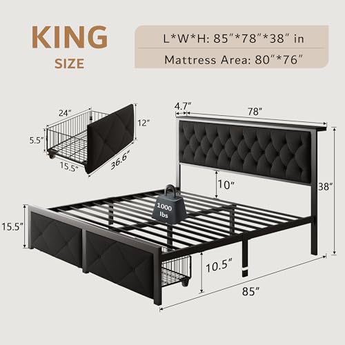 King Bed Frame with Storage Drawers and Charging Station for Linen Upholstered Headboard - No Box Spring Needed - Black
| Noise-Free King Bed Frame with Storage Drawers and Linen Upholstered Headboard - Charging Station and Metal Slats Support - Bla