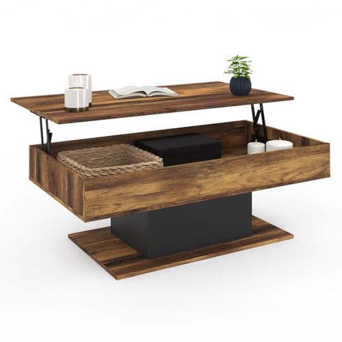 IDMarket - Table Basse Plateau relevable rectangulaire Eden Bois foncé Effet Vieilli et Noir