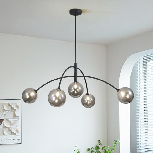 Image of Mid Century Modern Chandelier Black 5 Light Industrial Pendant Light Fixture Vintage Smoke Gray Globe Glass Sputnik Chandeliers for Bedroom Kitchen Living Room Hallway