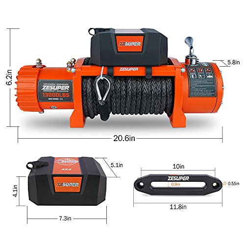 ZESUPER 12V 13000 lb Load Capacity Electric Winch Kit with Synthetic Rope, Wireless Remote and Corded Control,Waterproof IP68 Off Road Winch for Jeep,Truck,SUV