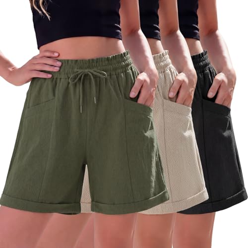 Cuffbow 3 Pack Womens Linen Shorts Elastic Waist Casual Bermuda Shorts Lightweight Loose High Summer Short 6' with Pockets(Green,Khaki,Black,Large)