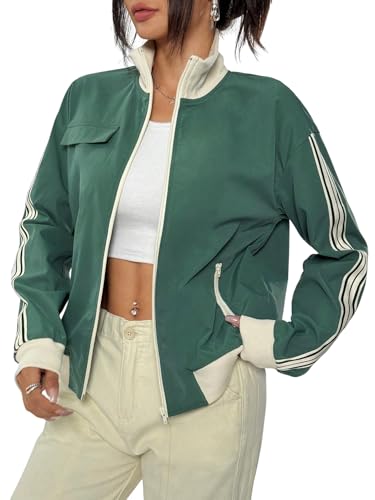 Verdusa Women's Striped Color Block Bomber Jacket Zip Up Long Sleeve High Neck Jacket Outwear
