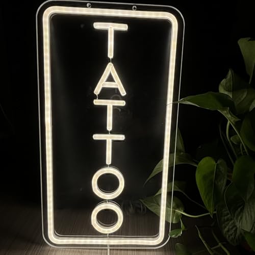 Image of Neon Tattoo Light,LED Arylic Tattoo Neon Sign for Tattoo Shop Door Wall Light up Decor,Reusable and Dimmable Tattoo Gifts for Tattoo Lover,Tattoo Decor Shop Sign Open,16x9In(Warm White Tattoo)