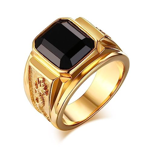 LRGKMCWTOB Vintage Black Gem Gold Ring Square Cut Black Obsidian Dragon Promise Ring Natural Square Shape Black Onyx Ring 14K Yellow Gold Handcrafted Gemstone Ring Black Agate Stone Ring(Size 7）