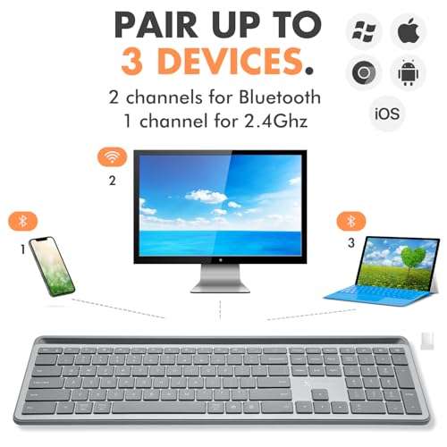 X9 Full-Size Bluetooth Keyboard with Phone Holder – Backlit Wireless Keyboard, Switch Multi-Device, Slim, Quiet, Rechargeable, w/Copilot AI for PC, Mac, iOS & Android (Silver)