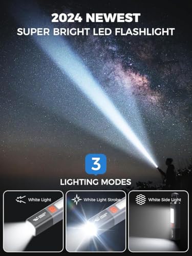 Image of TRENDING Rechargeable LED Flashlight with COB Side Light - USB Type-C Portable Torch Light with Hanging Hook, Emergency Work Light for Camping, Home, Outdoor & Power Cut