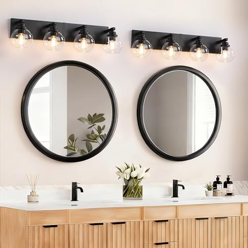 Image of LmnLvn Bathroom Light Fixtures, Farmhouse Black & Metal with Globe Glass