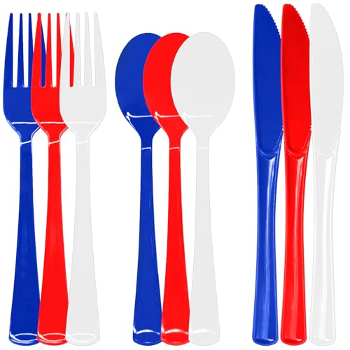 153Pcs Red White and Blue Plastic Silverware 4th of July Silverware Red White Blue Utensils Set Includes Spoons Forks and Knives for 4th of July World Cup BBQs & Picnics