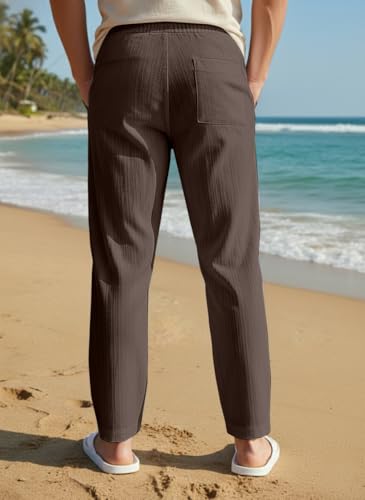Image of Men's Linen Drawstring Pants, Casual Beach Trousers, Lightweight Breathable
