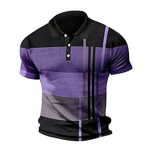 Striped Color Block Lapel Polo Shirt Men Stylish Casual Henley Shirt Short Sleeved Tennis Shirt Golf Bowling Camp Purple #TOP3