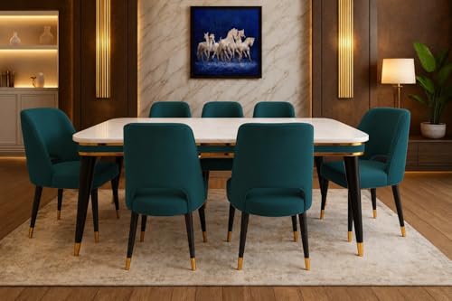 Image of WOODEN SPACE 6-Seater Wooden Dining Table Set | Nano Composite Marble Top | Solid Wood Base | Modern Dining Room Furniture with 6 Chairs (Sea Blue Vintage)