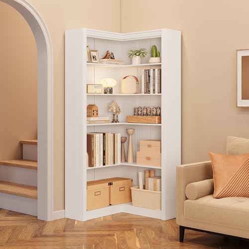 GarveeHome Corner Bookshelf, 71.8'' Farmhouse Corner Bookcase, L-Shaped Bookshelf Large Bookcase, 5 Tier Display Shelf Heavy Duty Bookcases, Bookshelves with Storage (White)