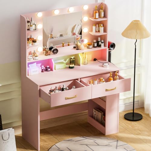 Image of COMHOMA Vanity Desk with Mirror and Light, Small Makeup Vanity with Storage Drawers & Power Outlet, 3 Lighting Modes & Adjustable Brightness, Dressing Table for Women Girls Bedroom, Pink