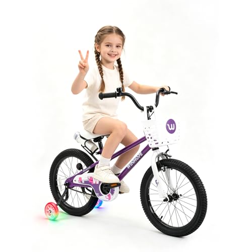 Image of WinHope 12-18 Inch Kids Bike with Light up Training Wheels for Boys Girls | Dual Brake Bicycle with Basket Adjustable Seat Water Bottle for Summer Riding Birthday Gift for Toddler 2-9 Years