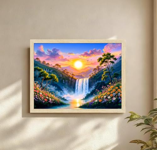 Image of ArtX Rising Sun Painting For Vastu, Big Size Wall Art, Waterfall Painting Vastu, Rising Sun Wall Decor, Multicolor, Nature, 61.0 X 48.0 cm, Canvas, Set of 1