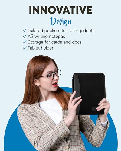 BizMate PRO Zippered Portfolio Organizer with 9-10.5" Conference Folder/Padfolio Tablet Holder, A5 Notebook | Multiple Pockets, Leather Finish, Eco-Mailer