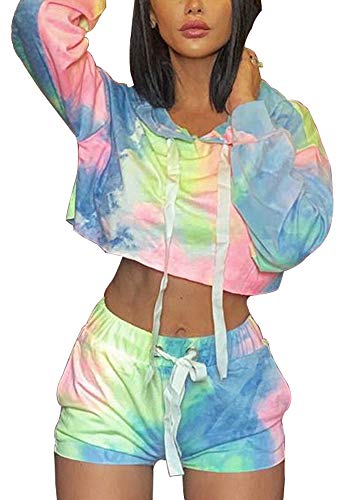 Yissang Women's Tie Dye Long Sleeve Hoodie Crop Top and Shorts 2 Piece Outfits Loungewear Sweatsuit Multicolor Medium