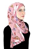 Middle Eastern Mall Stylish Mona Women Kuwaiti Hijab Wrap Head Scarf & Satin Trim… (Butterflies on Pink)