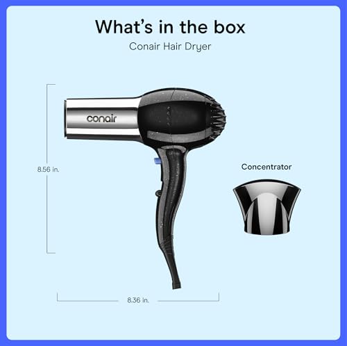 Image of Conair Full Size Ionic Hair Dryer | 1875W Fast Drying Ionic Hair Dryer with Concentrator for Frizz-Free, Shiny Hair, Black /Chrome, 256NRL