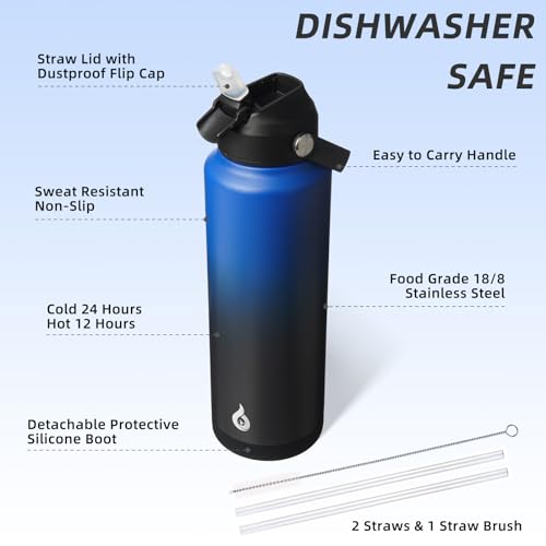 Image of BJPKPK Insulated Water Bottle with Straw Lid, 40oz Large Thermo, BPA Free Leak Proof Stainless Steel Metal Water Bottles, Tumblers, Cups, Flasks for Travel, Sports,Black Blue