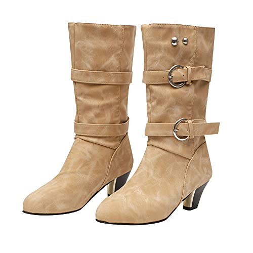 oiangi Womens Chunky Heel Mid-Calf Boots Fashion Round Toe Double
